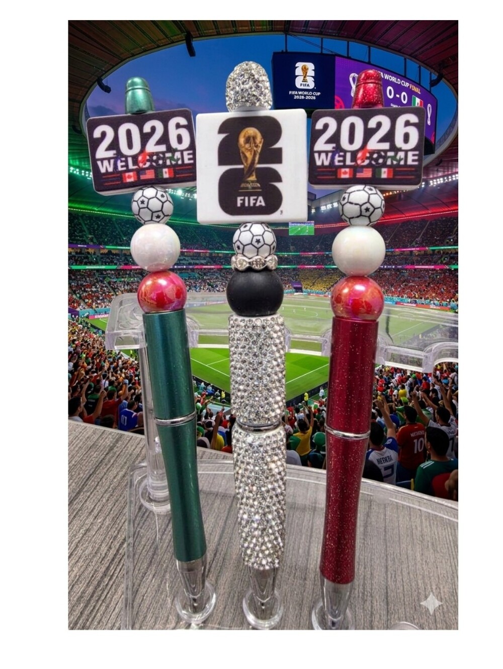 World Cup 2026 Beadable Pens Set- 3pc Bling Rhinestone Soccer Fans- Free Refills